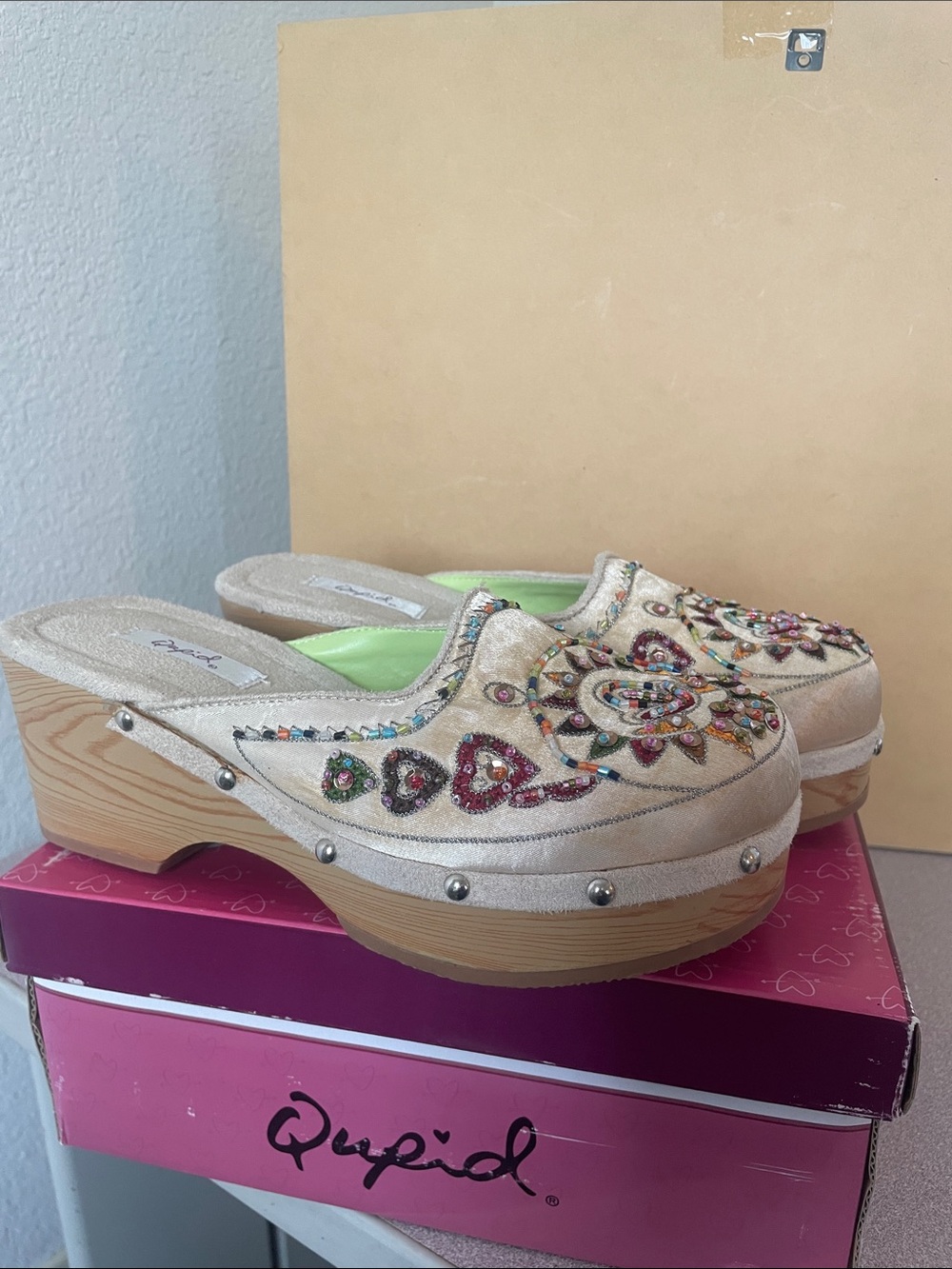 Cupid Beige Embellished Clog Mules with Multicolor Beadwork